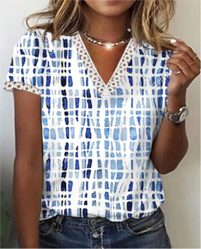 Women's Lace Top Lace V-Neck Loose Blue Stripe Print Short Sleeve Tee T-Shirt