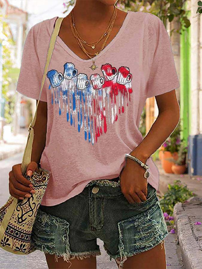 Women's 4th Of July Cheers America Flag Love Heart V-Neck Tee