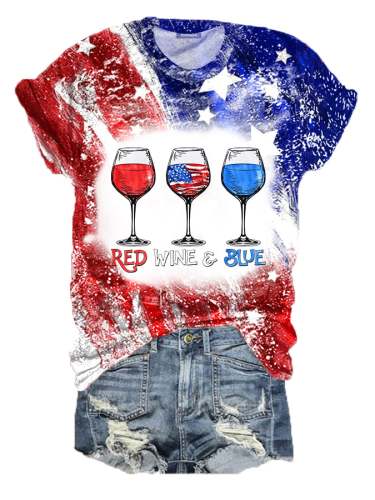Women's 4th Of July Red Wine Blue Wine Glasses Bleach Print Tee