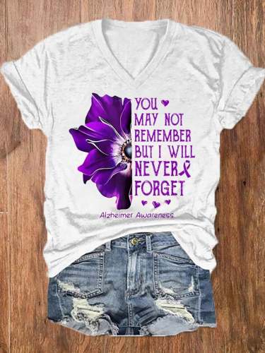 Women's You May Not Remember But I Will Never Forget Purple Alzheimers Awareness V-Neck Tee