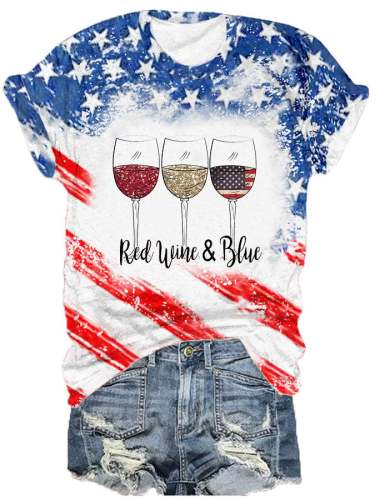 Women's Red Wine Blue Red Wine Glass Flag Print Crew Neck T-Shirt