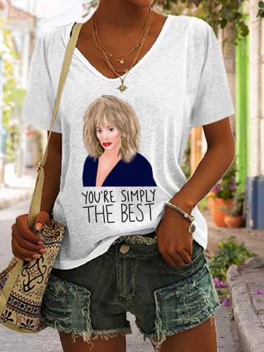 Retro V-neck Rock Queen You're Simply The Best Print T-Shirt