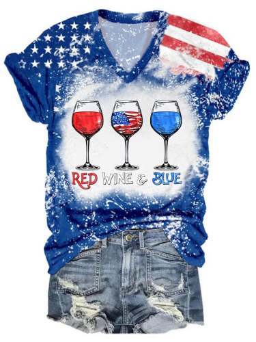 Women's 4th Of July Red Wine Blue Bleach Print V-Neck Tee