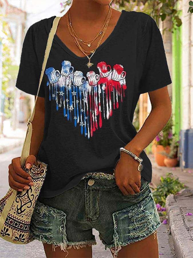 Women's 4th Of July Cheers America Flag Love Heart V-Neck Tee