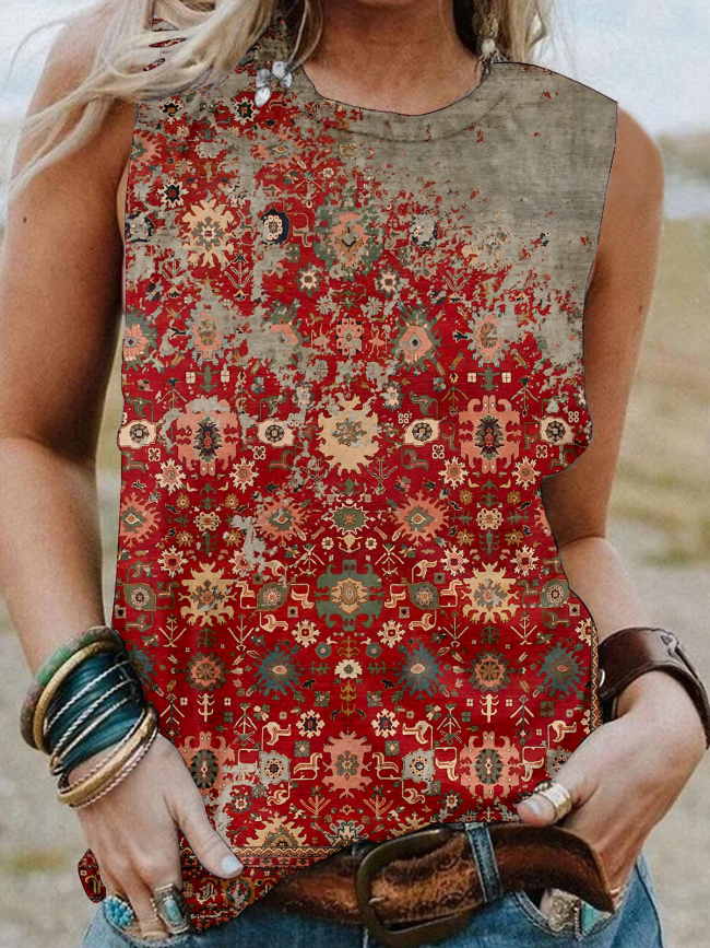 Women's Western Vintage Rust Red Floral Print Sleeveless Tank T-Shirt