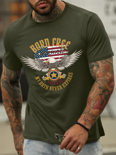 Free America Veteran My Oath Never Expires Men's Patriotic Casual Cotton T-Shirt