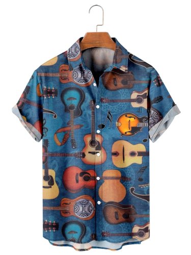 Men'S Vintage Guitar Print Short Sleeve Shirt