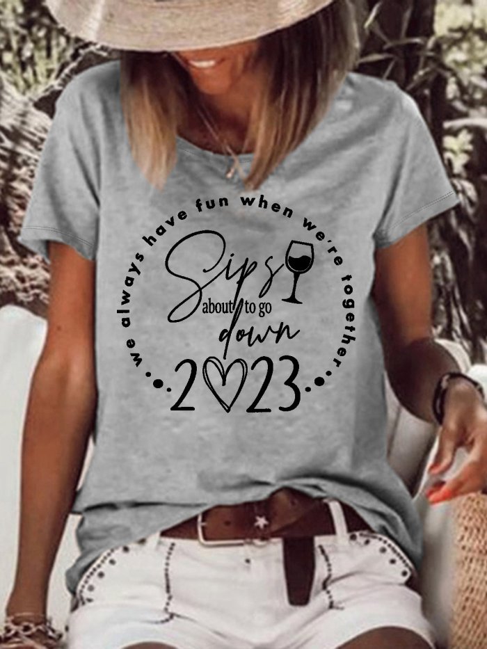 Women's Sips about to go down Wine Girls Trip Crew Neck Casual T-Shirt