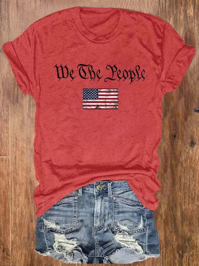 Women's Independence Day We The People 1776 Flag Print Crew Neck T-Shirt