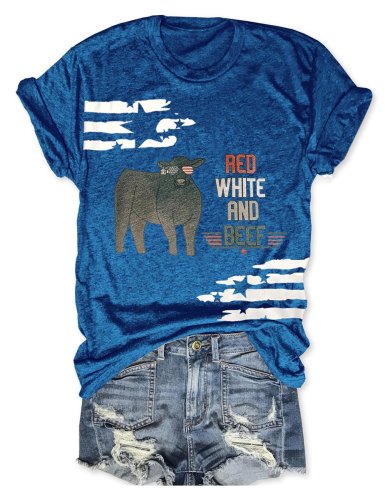Women's Red White And Beef Cattle Print Crew Neck T-Shirt