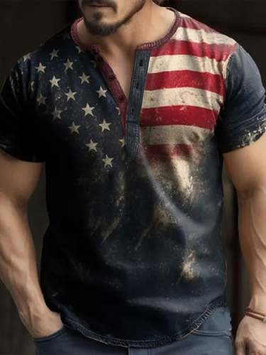 Men'sAmerican Flag Henley Collar T-Shirt