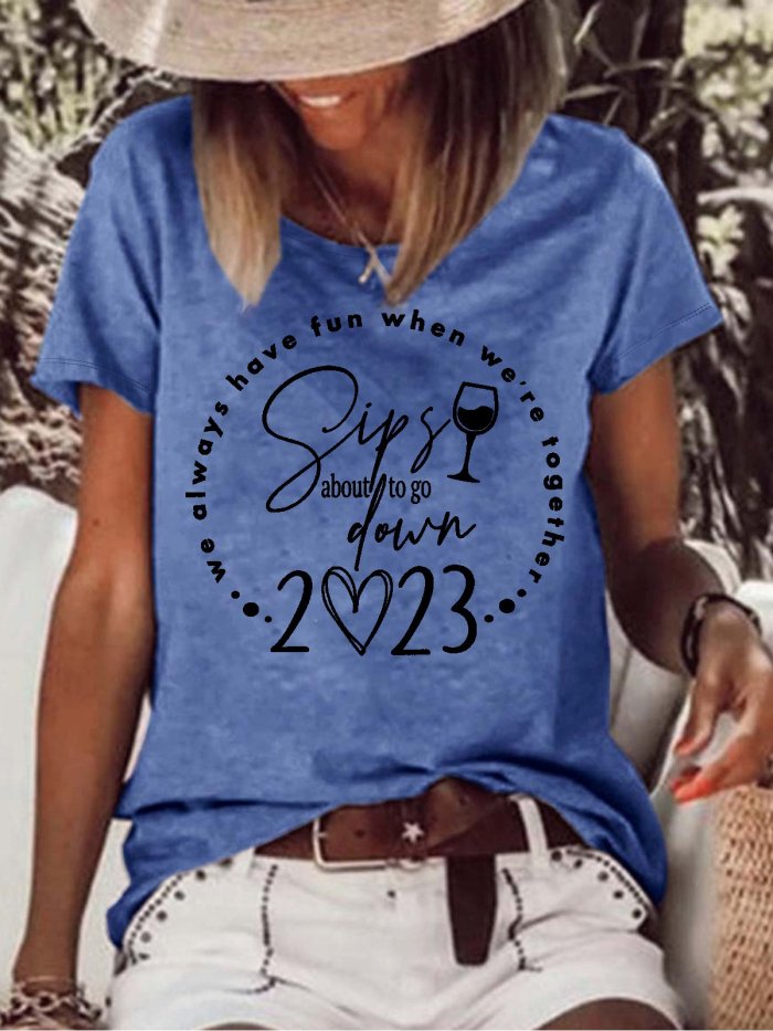 Women's Sips about to go down Wine Girls Trip Crew Neck Casual T-Shirt
