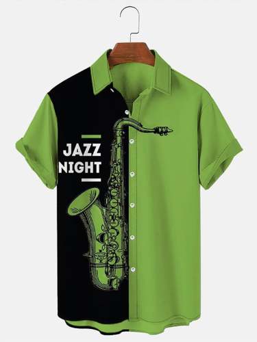 Fashionable Jazz Musical Instrument Print Color Contrast Men'S Shirt