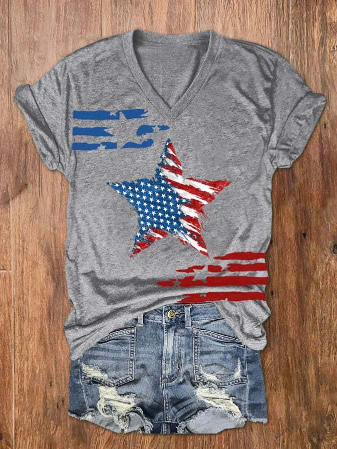 Women's Independence Day Flag Star Print V-Neck T-Shirt