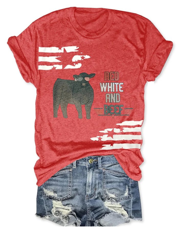 Women's Red White And Beef Cattle Print Crew Neck T-Shirt