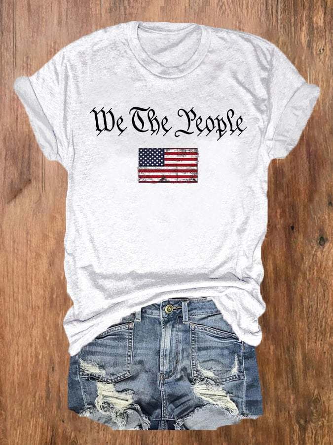 Women's Independence Day We The People 1776 Flag Print Crew Neck T-Shirt