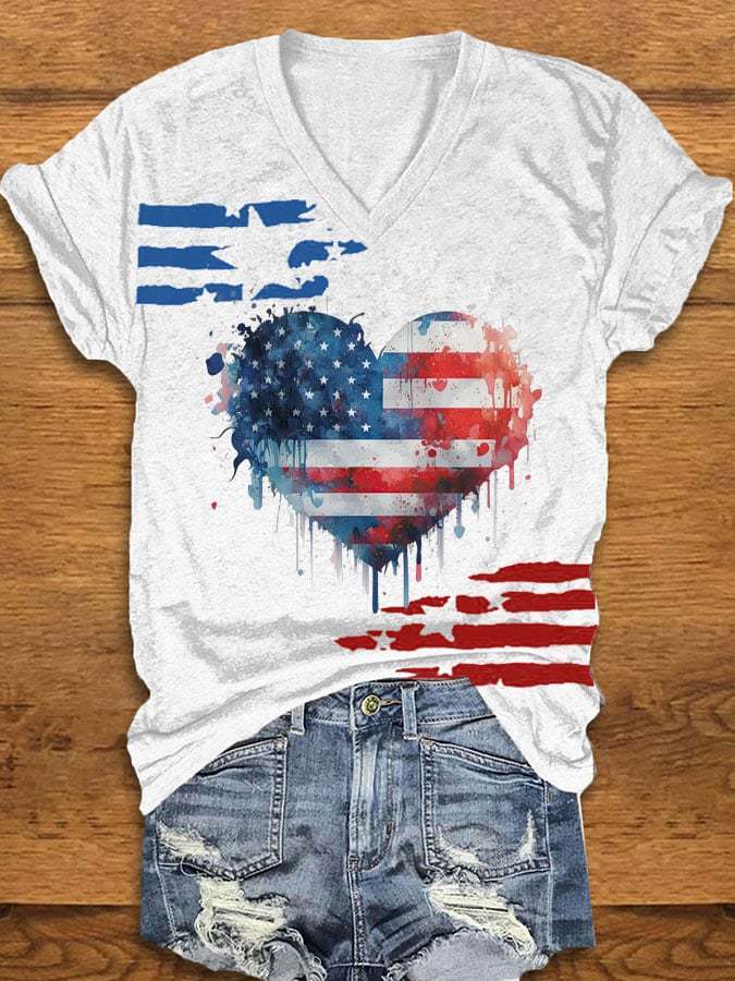 Women's Independence Day Flag Heart Print V-Neck T-Shirt