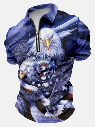Men's Eagles And Ameirca Flag Pattern Regular Fit Polo Collar Casual Polo Shirt