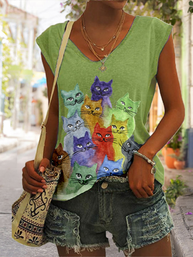Women's Cute Cats Painting For Cat Lover Cap Sleeve T-Shirt
