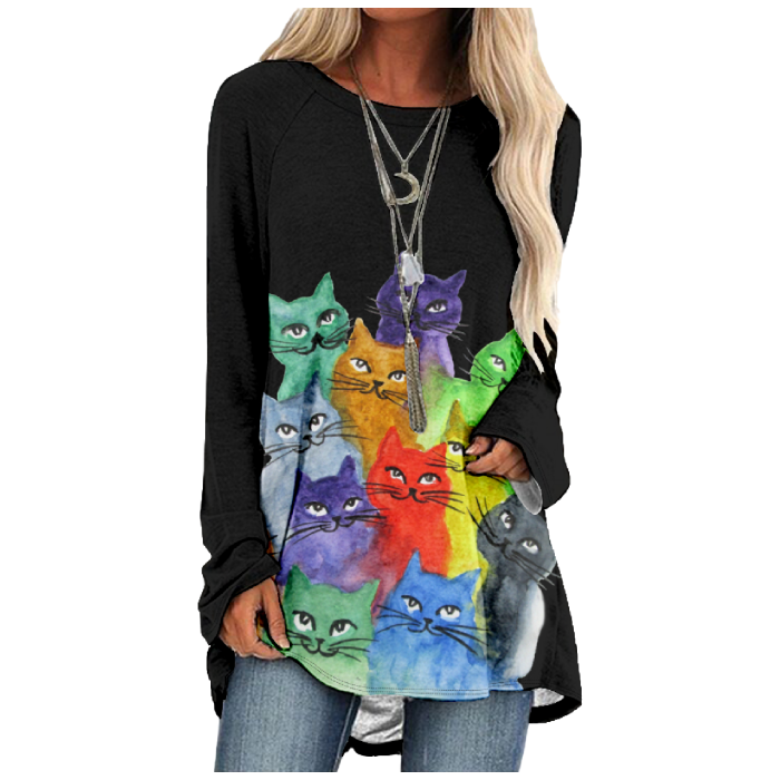 Women's Cute Cats Print For Cat Lover Casual Long Sleeve Tunic Catty T-Shirt