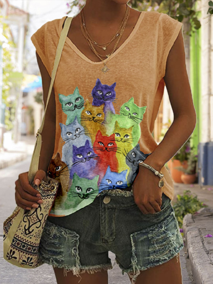 Women's Cute Cats Painting For Cat Lover Cap Sleeve T-Shirt