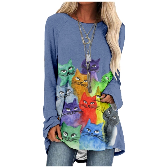 Women's Cute Cats Print For Cat Lover Casual Long Sleeve Tunic Catty T-Shirt