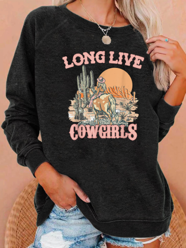 Women Long Live Cowgirl Western  Sweatshirt For Cowgirl Fans West Desert Print Long Sleeve  Women Vintage Cotton Sweatshirt