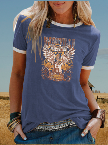 Women's  Letter Printed Nashvilie Music city Rock Star Western Style Print T-Shirt For Cowgirl