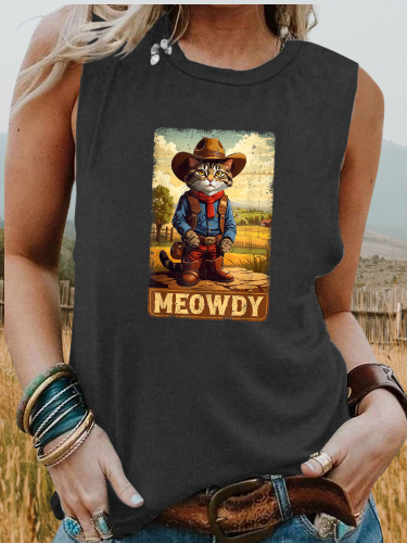 Women's Western Cowgirl Meoday Cat Print Sleeveless Tank T-Shirt For Cowgirl