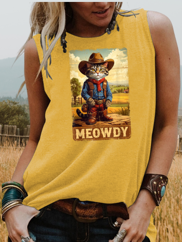 Women's Western Cowgirl Meoday Cat Print Sleeveless Tank T-Shirt For Cowgirl
