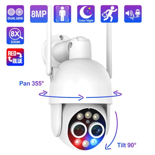 8MP WiFi PTZ Camera 8X Zoom Dual Lens Wireless Camera Two-way Audio Humanoid Auto Tracking 4K CCTV Security Camera