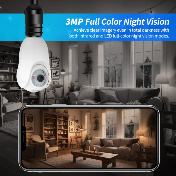 Tinosec 3MP 2K Wifi Light Bulb Security Camera Full Color Night Vision Panoramic Wireless Smart Bulb Home Camera
