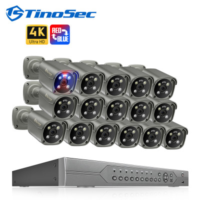 4K 16CH POE Camera System with Red and Blue Alarm Light