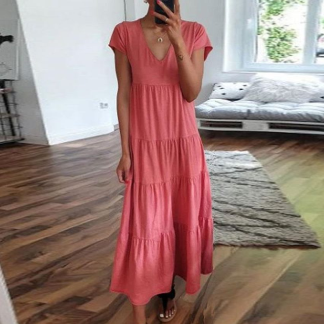 Vacation Style Pure Color Short Sleeve Maxi Dress