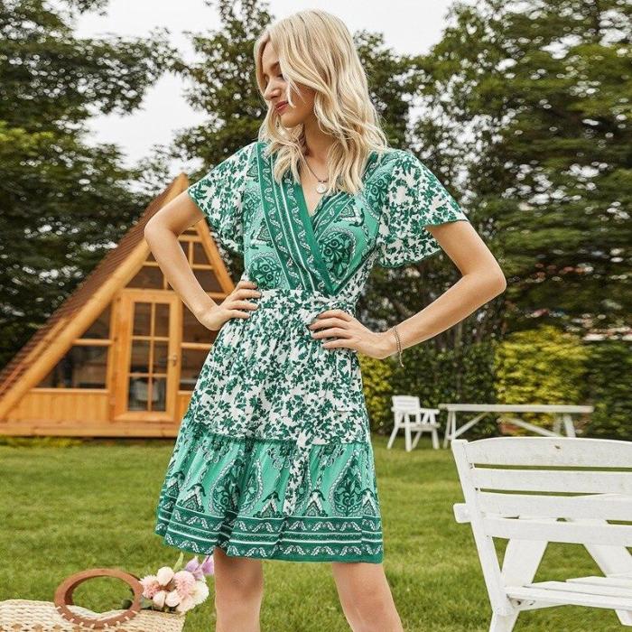 Women's Printed Floral V-Neck Elastic Waist Holiday Casual Dress Green