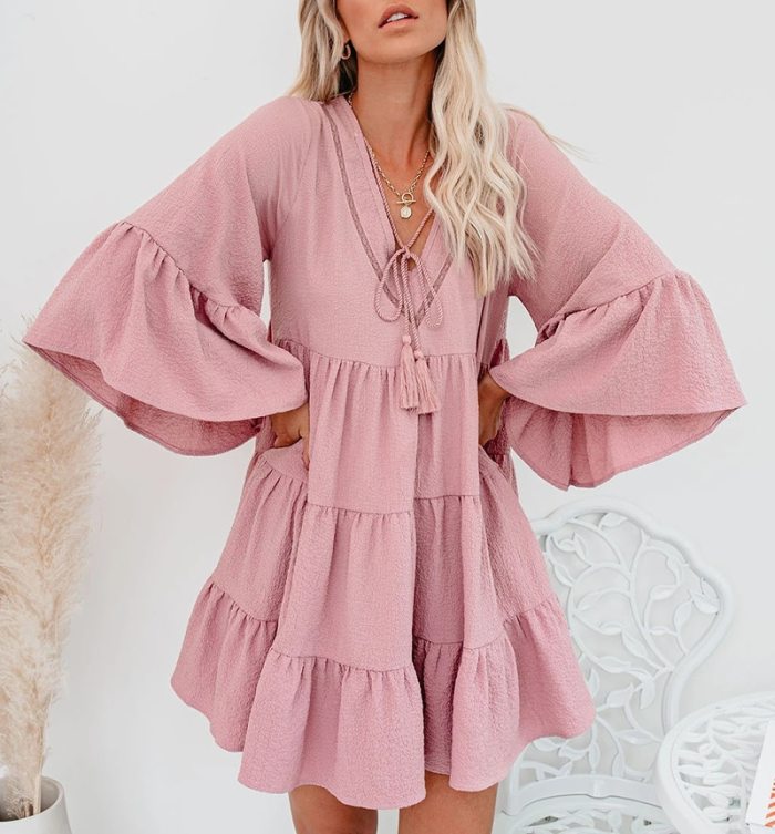 Women Loose Casual Dress New Style Lace-up Ruffles Solid Three Quarter Flare Sleeve Girls Dresses WL96
