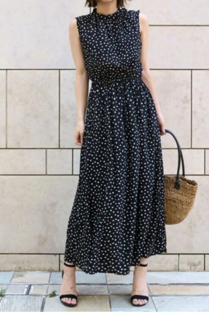 Women Fashion Dress Vintage Long Skirt Polks Dots Print Summer Sleeveless Chic Maxi Dress Casual Round Neck Ladies Pullover