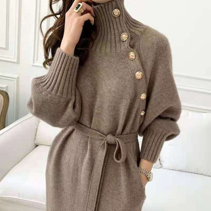 2021 French Niche Fall Winter Outfits Loose And Thin High-neck Sweater Two-wear Lace-up Waist Knitted Dress