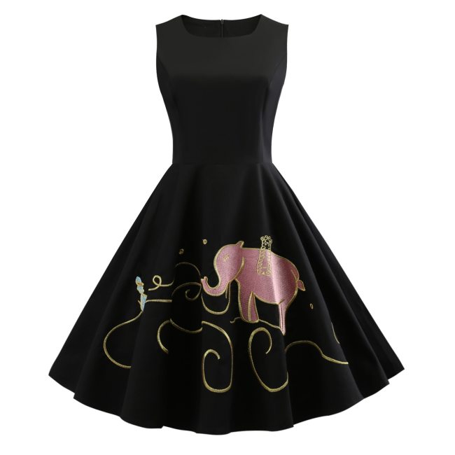 Plus Size Elephant Embroidery Vintage Dress Women Cotton Black Sleeveless Summer Dress Swing Party Dresses femme vestidos