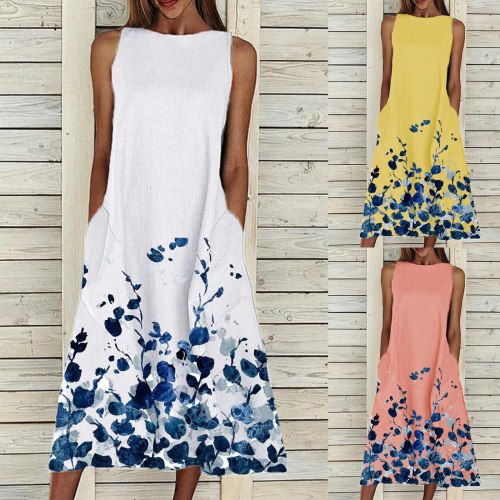 Women Summer Print Beach Holiday Dress Sleeveless O-Neck Big Swing Pocket Maxi Dress