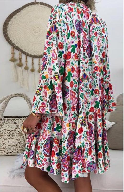 Bohemian Style Floral Print Long Sleeve Ruffled Mini Dress