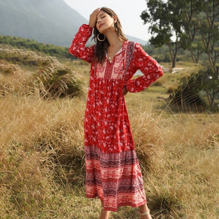 Women Red Blue Retro Floral Bohemian Dresses 2021 Spring Summer Long Casual Sexy Office Work Beach Boho Plus Size Dress Loose