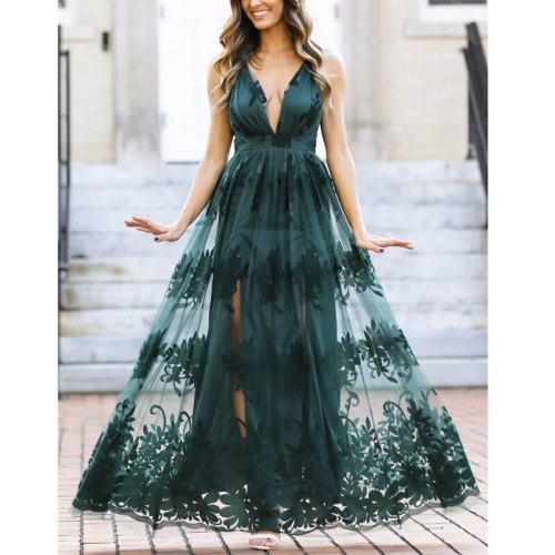 2021 Summer Elegant Women Long Party Dress Embroidery Sexy Backless Maxi Tulle Dress