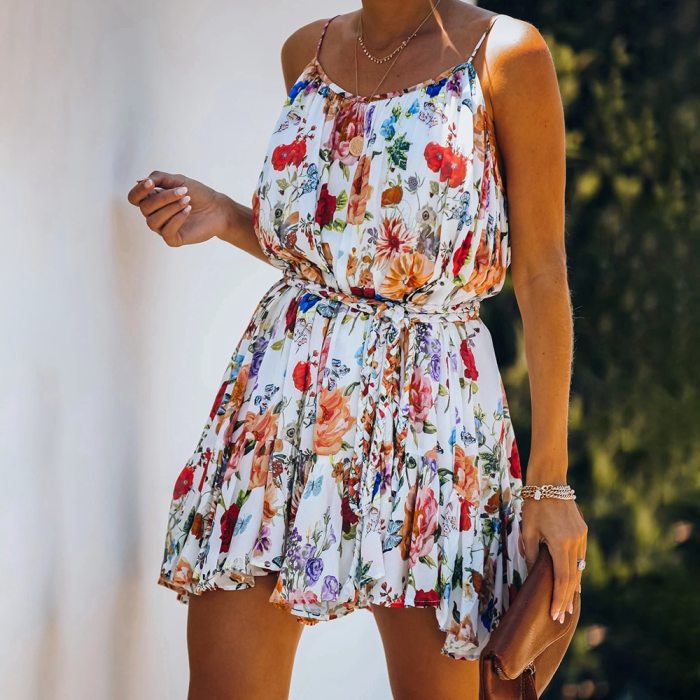 Fashion O-neck Spaghetti Strap Floral Print Mini Dress Women 2021 Summer Loose Casual Beach Sundress Ladies Dresses For Women