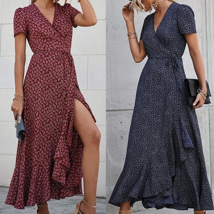 2021 Women Dress Floral Print V Neck Ruffle Hem Short Sleeve Wrap Maxi Dress Streetwear Summer Beach Dresses