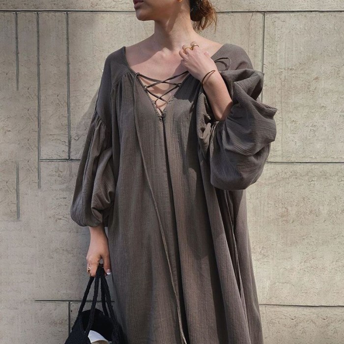 Minimalist Dress Women's Spring 2021 New V-neck Lace Up Large Size Long Puff Sleeve Simple Maxi Dresses Female 5B277