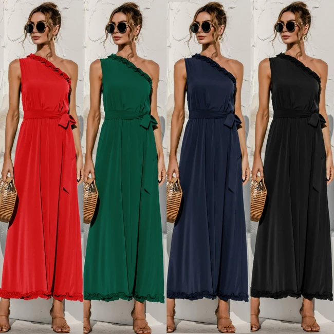 Summer 2021 Women's Dresses Fashion New Sexy Slant Shoulder Solid Color Black Ruffle High Waist Bandage Dress A-line Slim Female