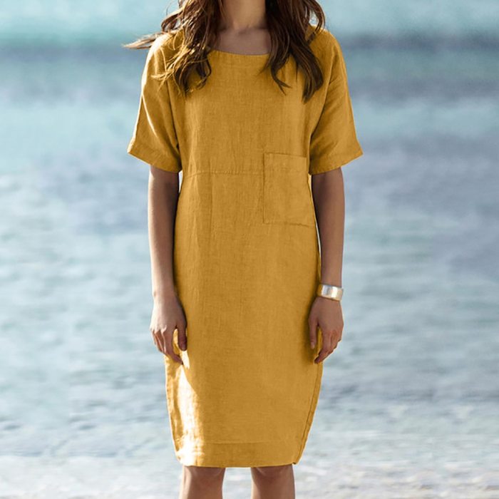 Cotton Linen Women Dresses Short Sleeve Pocket Solid Color Beach Casual Dress Plus Size Women Summer Sundress