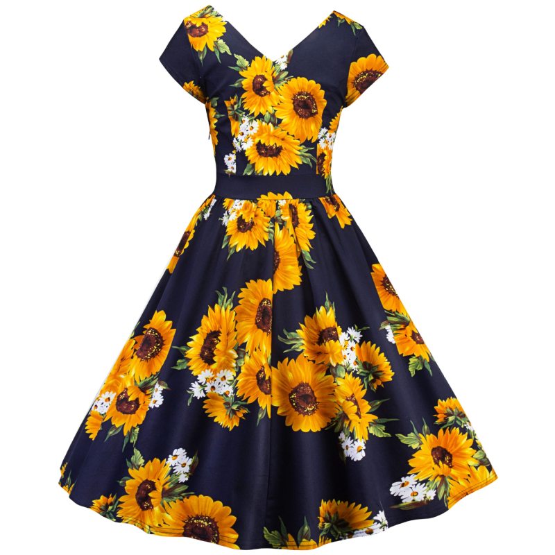 Womens Daisy Midi Swing Dress Long Sleeve Evening Party Floral Skater Dresses