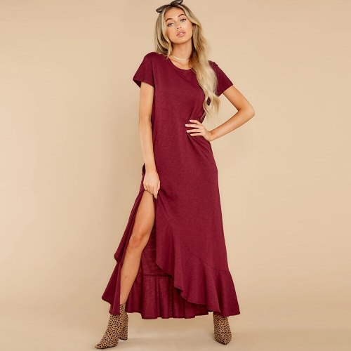 Elegant Women O-neck Casual Loose Short Sleeve Long Dress 2021 Summer Solid Caual Loose Ruffles Robe Maxi Asymmetrical Vestidos